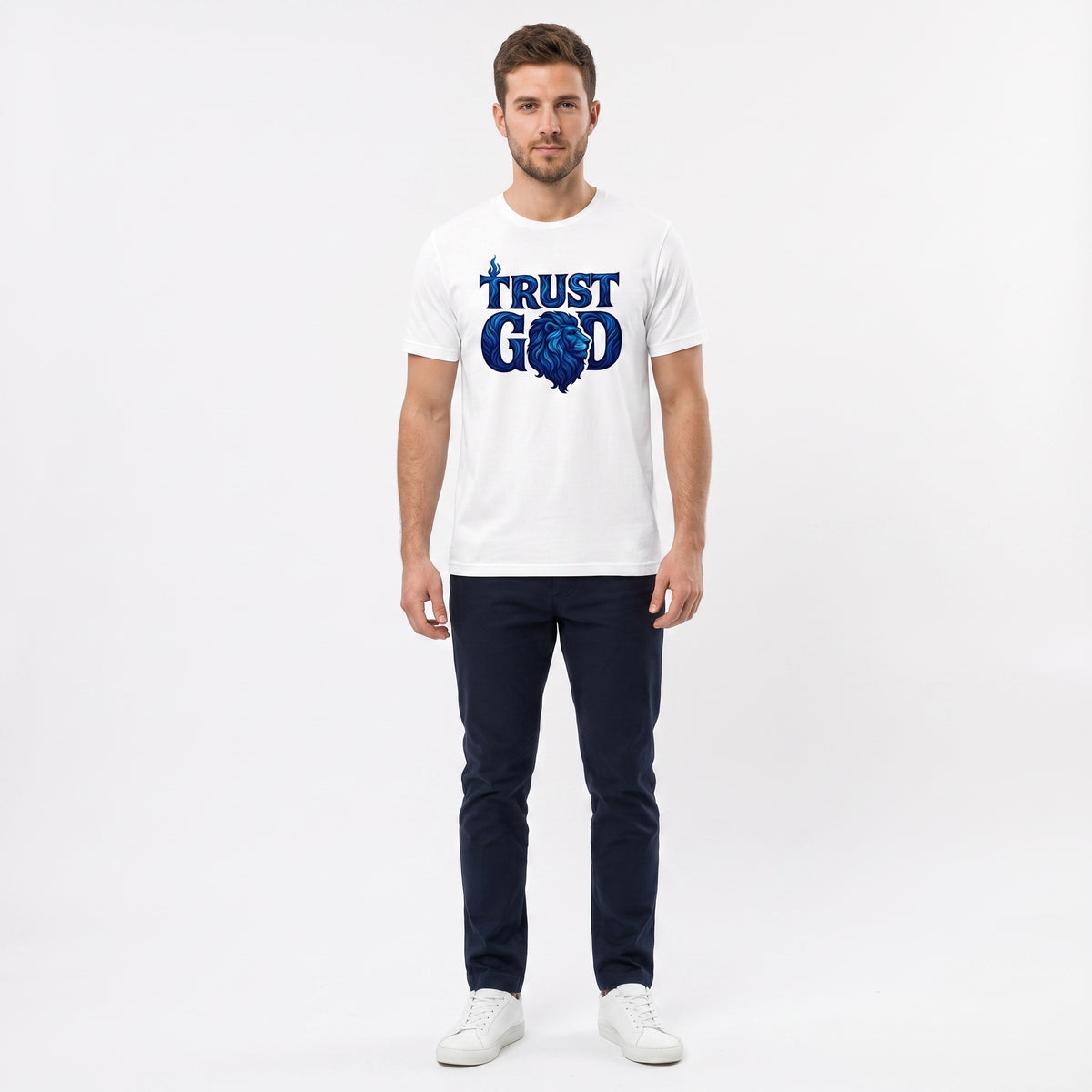 Studio photo of Trust God Upper body shot from chest up, facing camera, natural expression, shoulders relaxed. CAMERA SHOT: A FULL BODY shot capturing the person from head to toe. [Full body]