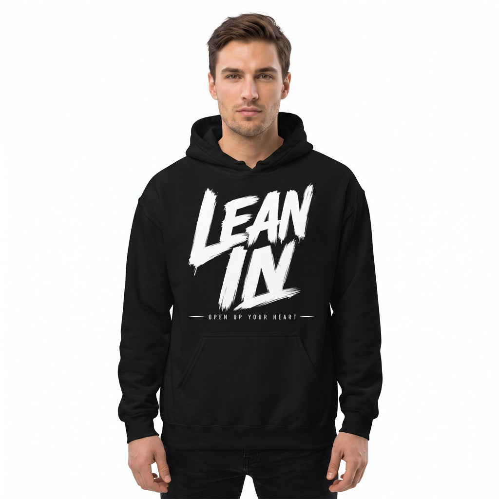 Studio photo of LEAN IN Hoodie Upper body shot from chest up, facing camera, natural expression, shoulders relaxed. CAMERA SHOT: A FULL BODY shot capturing the person from head to toe. [Upper body focus]