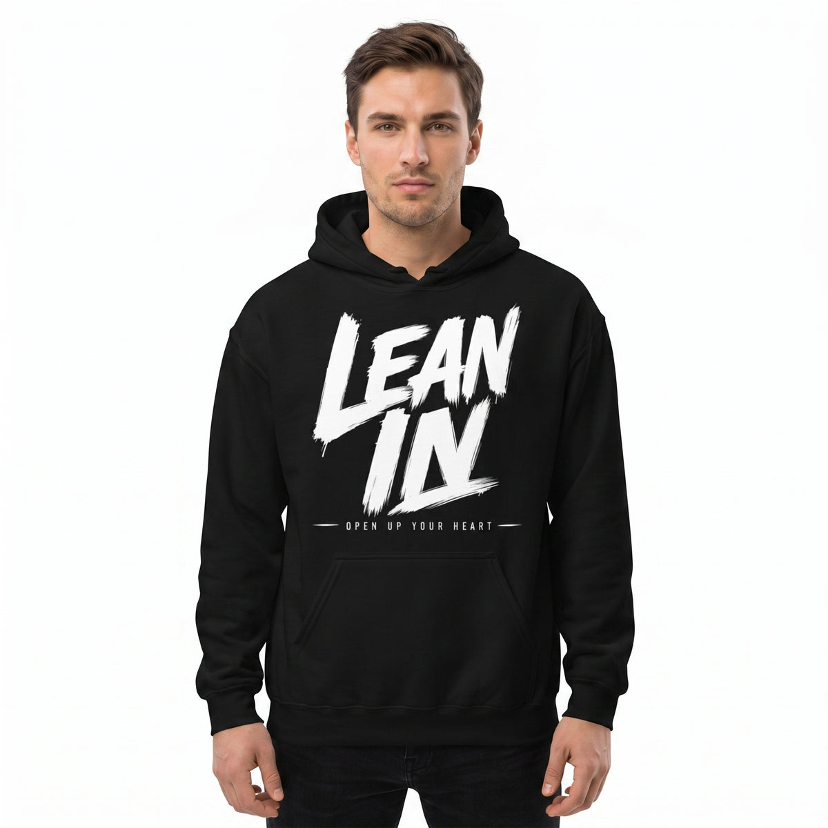 Studio photo of LEAN IN Hoodie Upper body shot from chest up, facing camera, natural expression, shoulders relaxed. CAMERA SHOT: A FULL BODY shot capturing the person from head to toe. [Upper body focus]