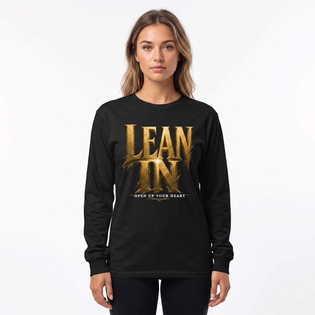 Studio photo of LEAN IN heavyweight long-sleeve shirt Upper body shot from chest up, facing camera, natural expression, shoulders relaxed. CAMERA SHOT: A FULL BODY shot capturing the person from head to toe. [Upper body focus]