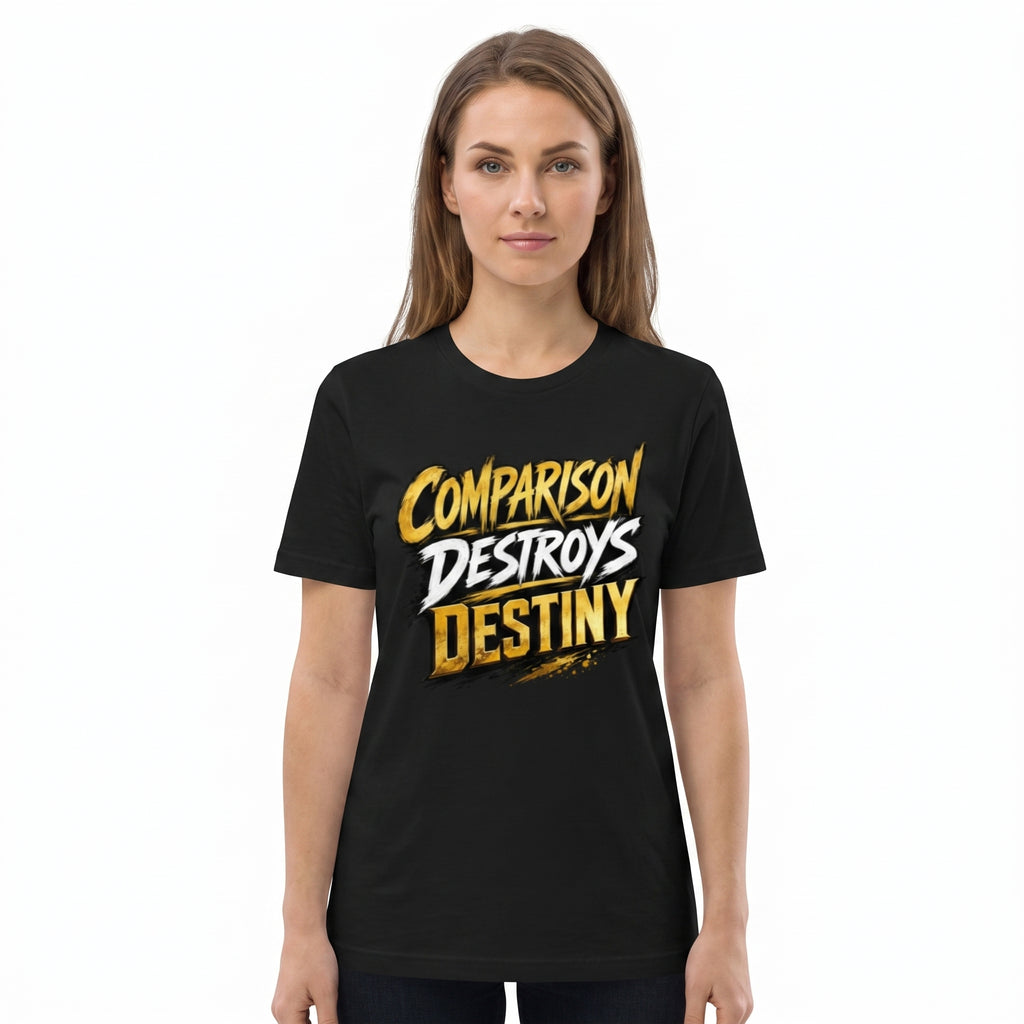 Studio photo of Comparison Destroys T-shirt Upper body shot from chest up, facing camera, natural expression, shoulders relaxed. CAMERA SHOT: A FULL BODY shot capturing the person from head to toe. [Upper body focus]