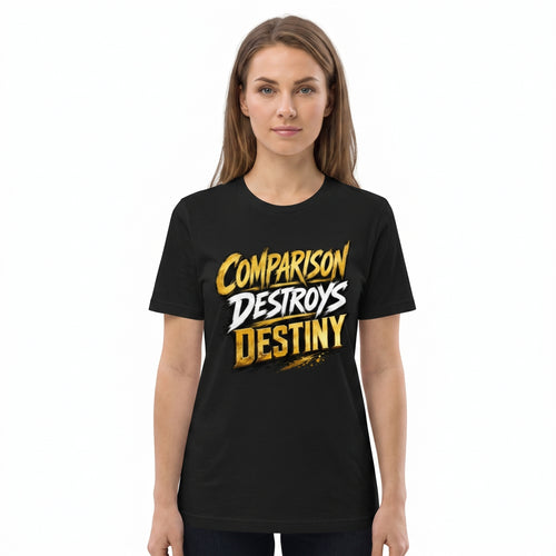 Studio photo of Comparison Destroys T-shirt Upper body shot from chest up, facing camera, natural expression, shoulders relaxed. CAMERA SHOT: A FULL BODY shot capturing the person from head to toe. [Upper body focus]