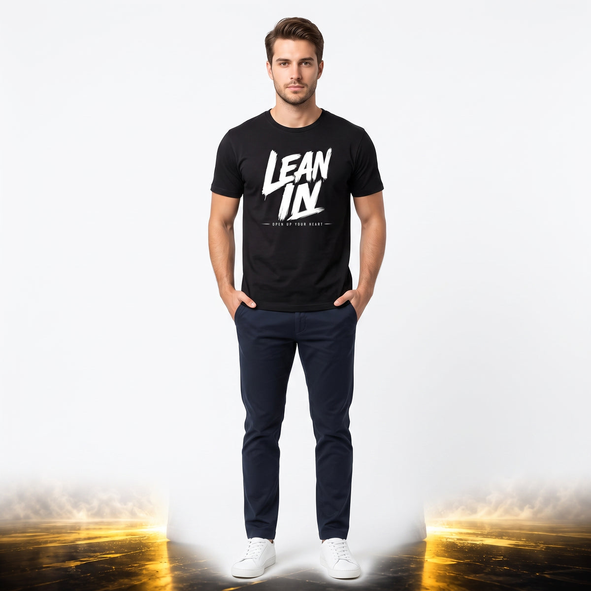 Studio photo of LEAN IN L-Series Upper body shot from chest up, facing camera, natural expression, shoulders relaxed. CAMERA SHOT: A FULL BODY shot capturing the person from head to toe. [Full body]